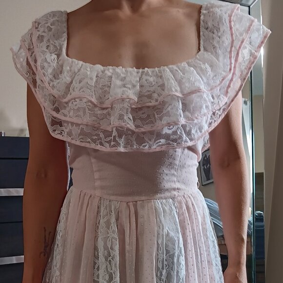 The House of Nu-Mode Dresses & Skirts - Vintage Pink Swiss Dot Lace Dress Cottagecore Prairie Frilly Dress Lolita